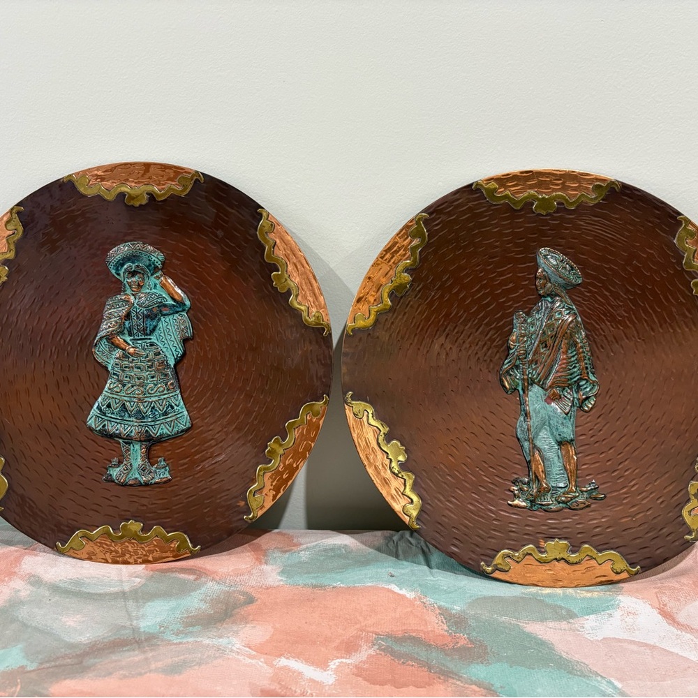 Set Of 2 Peruvian Couple Copper & Enamel Decorative Plates Wall Decor 11.75”